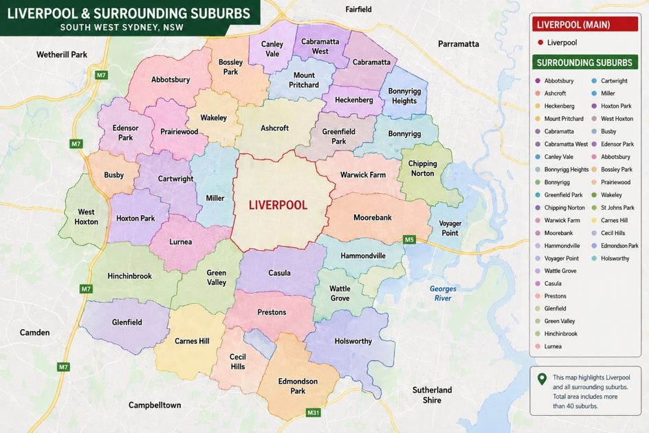 Illustrated map of Liverpool and surrounding suburbs we serve, South West Sydney, NSW